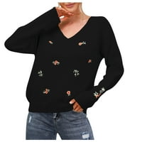 Дами бродиран хризантема V-образен моден плетен пуловер с голям размер пуловер