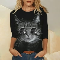 Модни жени лято свободна солидна котка, отпечатана с дълъг ръкав O-O-Neck Blouse върхове hot6sl4871241