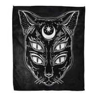 Хвърлете одеяло Топло уютно печат Фланелен Черна котешка глава Портрет Луна и четири очи очи е идеална Хелоуин Татуиро