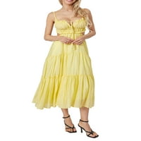 Женски летен бохо спагети каишка квадратна шия плътно цвят разроши ли линия плаж дълга макси рокля