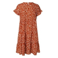Женски рокли Женските летни разрошени обикновени кръгли шия къс ръкав свободни течащи рокли за люлеене за жени оранжеви XL