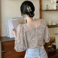 Дамски пролетна флорална отпечатана квадратна яка секси сладки дълги ръкави шифонска риза блуза