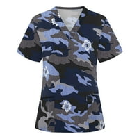 Дамски върши женски тенденции в ръкав с v-образни върхове работещи униформени печат джобни блузи върхове сини S z1720