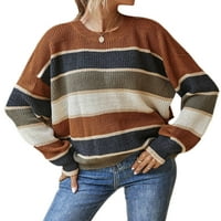 Капрез жени екипаж на врата плетани пуловери Разхлабени пуловери с дълъг ръкав шик джъмперни върхове цветен блок пуловер