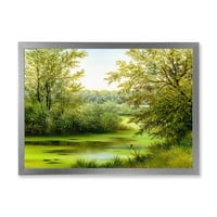 Пролетни Дървета Със Зелено Езерце Рамка Живопис Платно Изкуство Печат