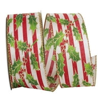 Хартия Коледа блясък панделка, Холи смокинг ивица панделка, крем & червено, 2.5 в 10д, 1 пакет