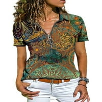 Дамски етнически пейсли печат с къс ръкав с цип тениска тениска блуза върхове