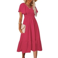 Летни рокли за жени солидни V-образни а-лайн сладка сладка рокля с къс ръкав розово л