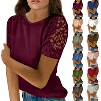 Женска модна дантела куха твърд цвят кръгла шия с къс ръкав тениска