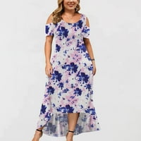 Просвета летни рокли за жени флорални средна дължина A-Line къси ръкави горещи продажби кръгла деколте рокля лилаво xl