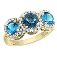 14K жълто злато естествено Лондон синьо топаз и швейцарски сини страни от топаз кръг 3-каменни пръстени диамантени акценти, размер