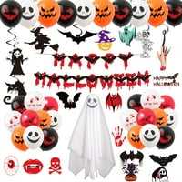 Декорациите на тематичните партита на Хелоуин включват Happy Halloween банер, късни балони, висящи вихрови декорации, торта за